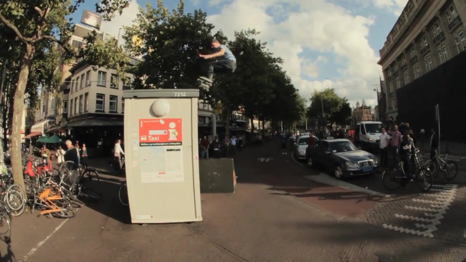 Sven Boekhorst performs an aerial inline skating trick above a pillar in Amsterdam, Netherlands.
