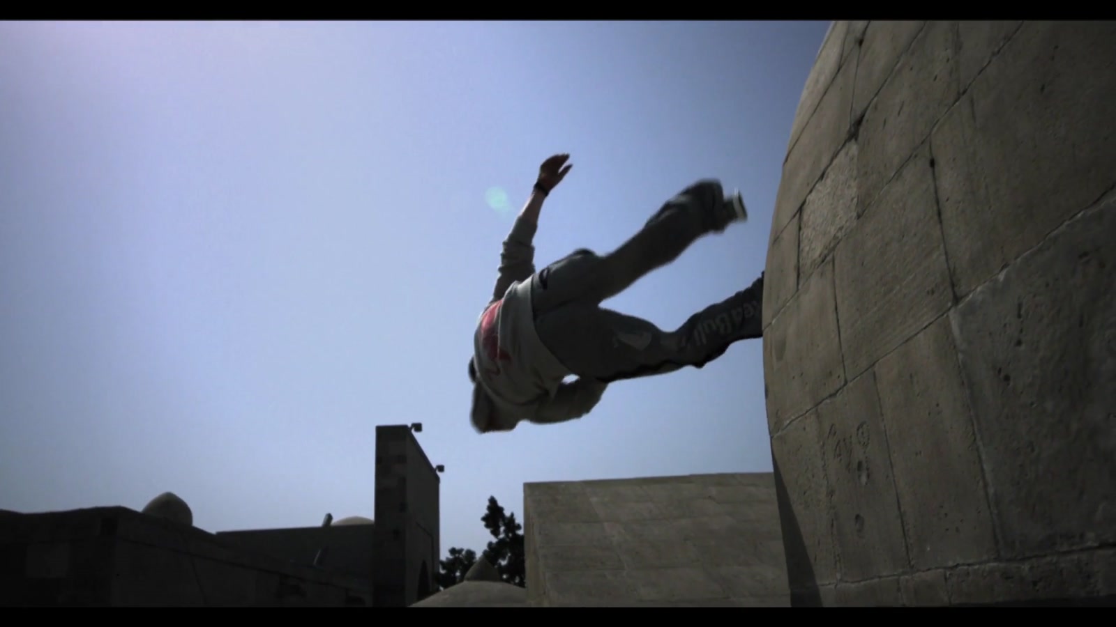 Ryan Doyle in midair during freerunning in Baku, Azerbaijan.