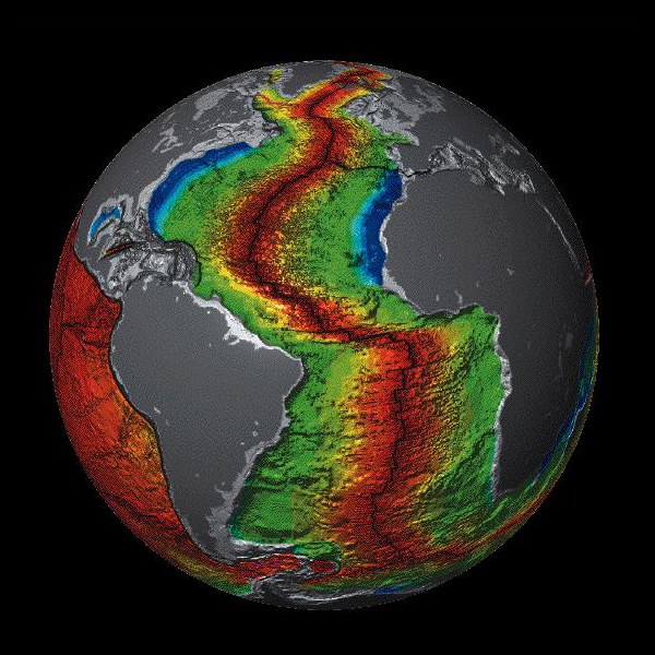 A globe showing the age of the Atlantic seafloor, with the mid-ocean ridge running down the centre