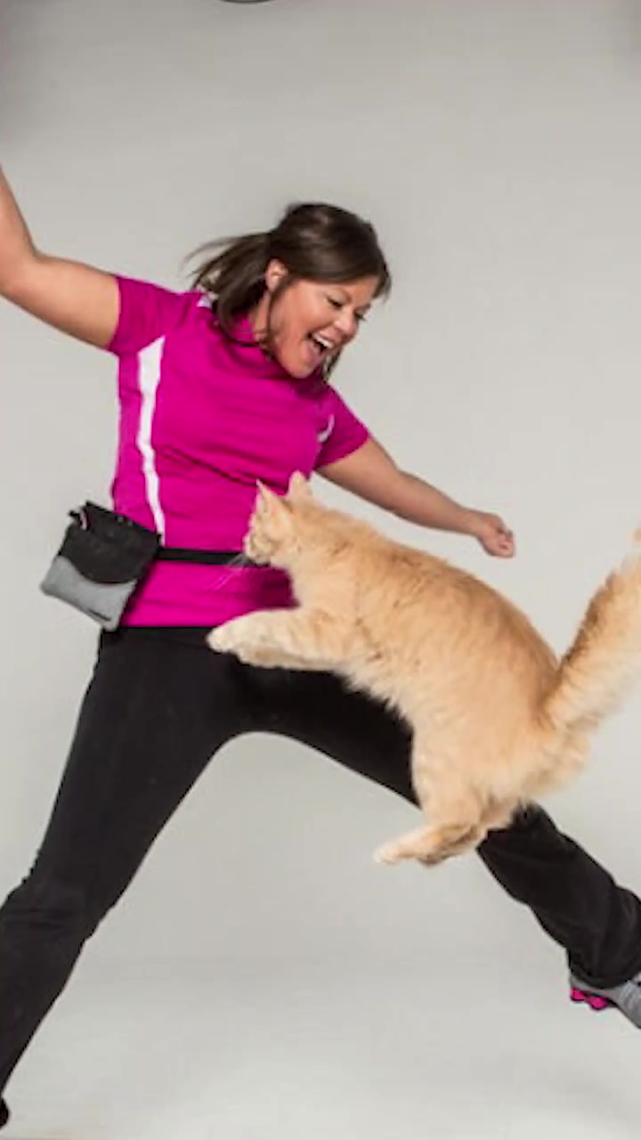 Kit Kat and trainer Trisha Seifried demonstrating a jumping trick