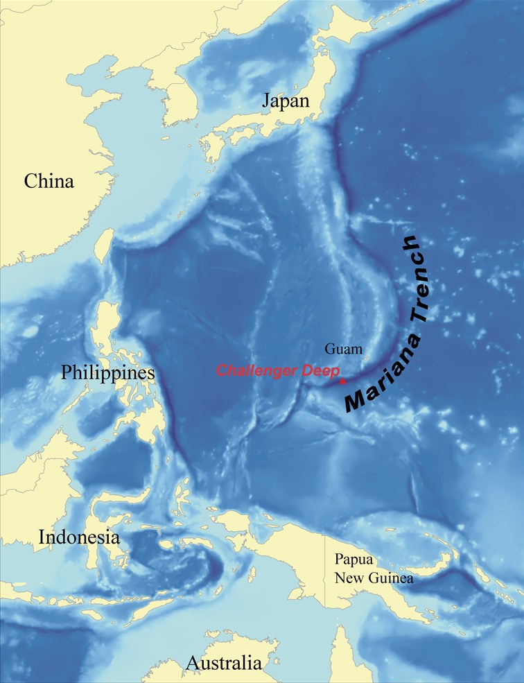 Map of the western Pacific showing the Mariana Trench and the position of Challenger Deep