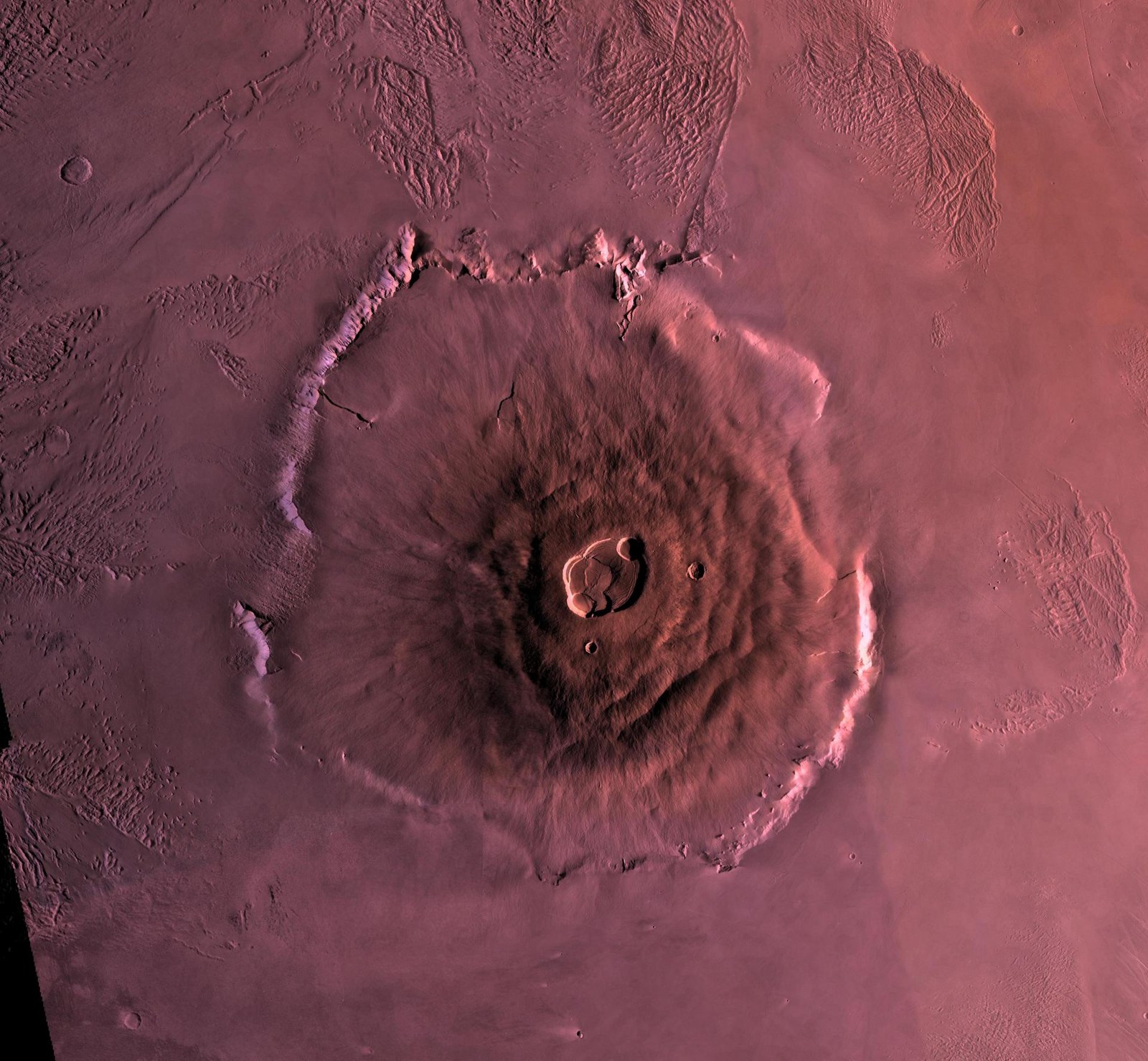 Olympus Mons, the largest volcano in the solar system, seen from above on Mars