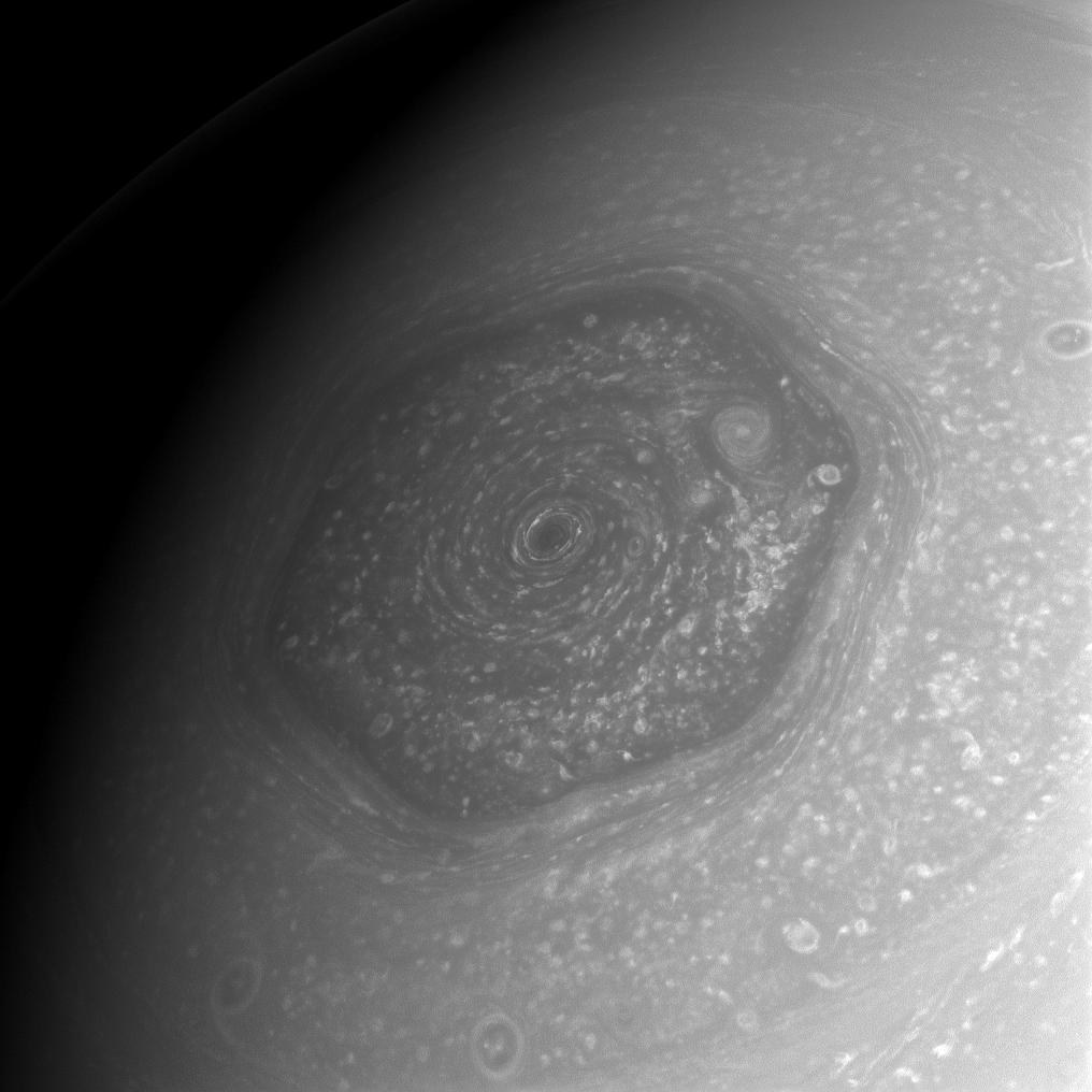 Saturn's six-sided north polar storm photographed by the Cassini spacecraft