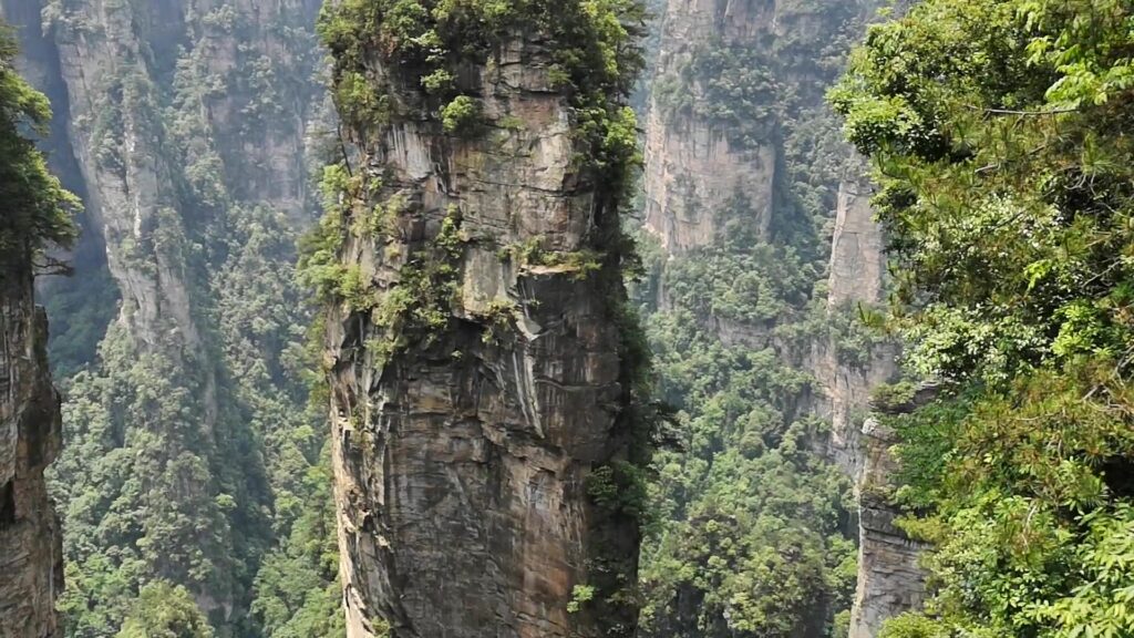 Tall sandstone pillars covered in greenery in Zhangjiajie, Hunan Province, China